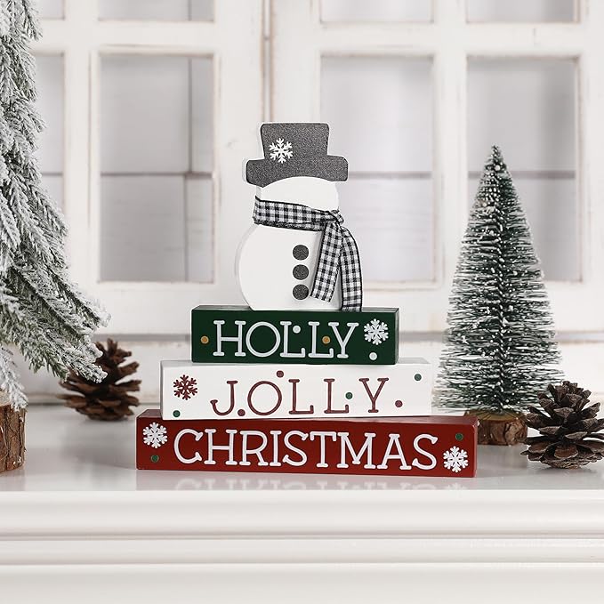 Christmas Decorations-4 PCS Wooden Block Sign-Classic Red White Green Christmas Ornaments for Home Shelf Mantel Fireplace Table Windowsill Decor