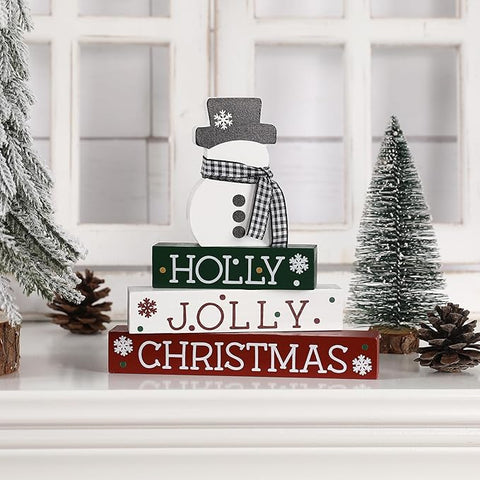Christmas Decorations-4 PCS Wooden Block Sign-Classic Red White Green Christmas Ornaments for Home Shelf Mantel Fireplace Table Windowsill Decor