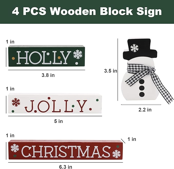 Christmas Decorations-4 PCS Wooden Block Sign-Classic Red White Green Christmas Ornaments for Home Shelf Mantel Fireplace Table Windowsill Decor