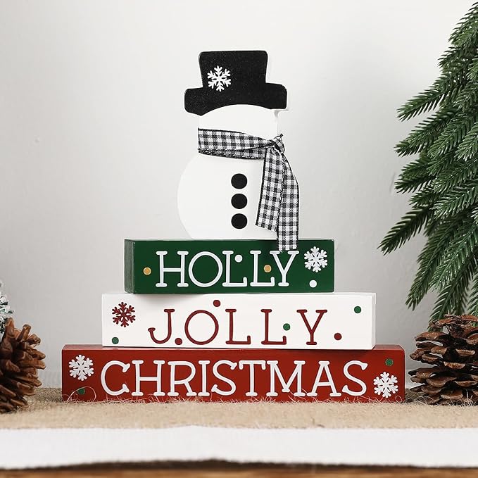 Christmas Decorations-4 PCS Wooden Block Sign-Classic Red White Green Christmas Ornaments for Home Shelf Mantel Fireplace Table Windowsill Decor
