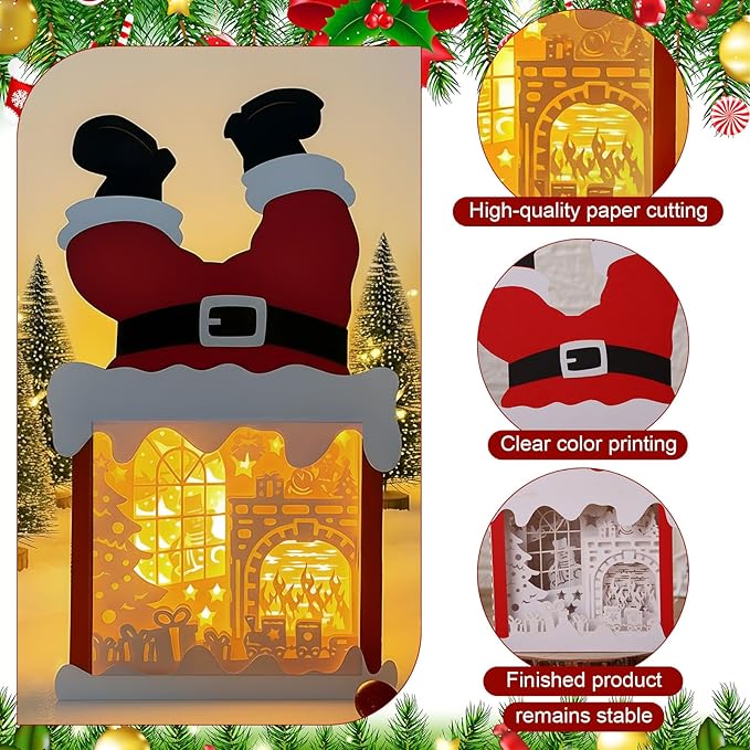 Light up Christmas Fireplace Scene Lantern Paper Decoration with LED Light DIY Fire Santa Box Table Centerpiece Christmas Mantel Indoor Home Decor Xmas Gifts for Women Family Friends