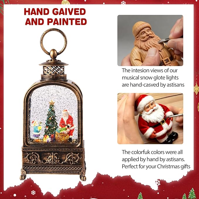 Santa Claus Snow Globe Christmas, Musical Snow Globe Lantern Lights with 6H Timer Battery & USB Powered, Retro Style Holiday Glitter Snow Globes for Xmas Home Decoration Indoor Holiday Party Gifts