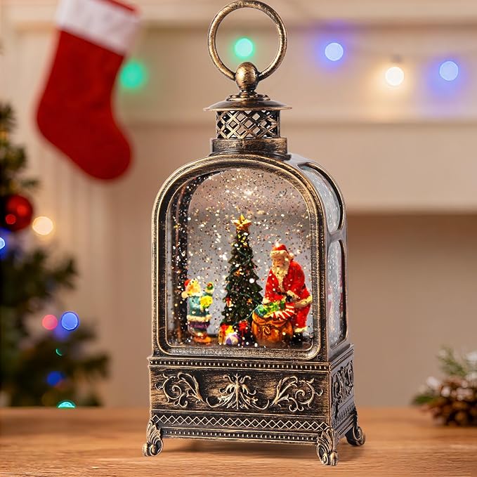 Santa Claus Snow Globe Christmas, Musical Snow Globe Lantern Lights with 6H Timer Battery & USB Powered, Retro Style Holiday Glitter Snow Globes for Xmas Home Decoration Indoor Holiday Party Gifts