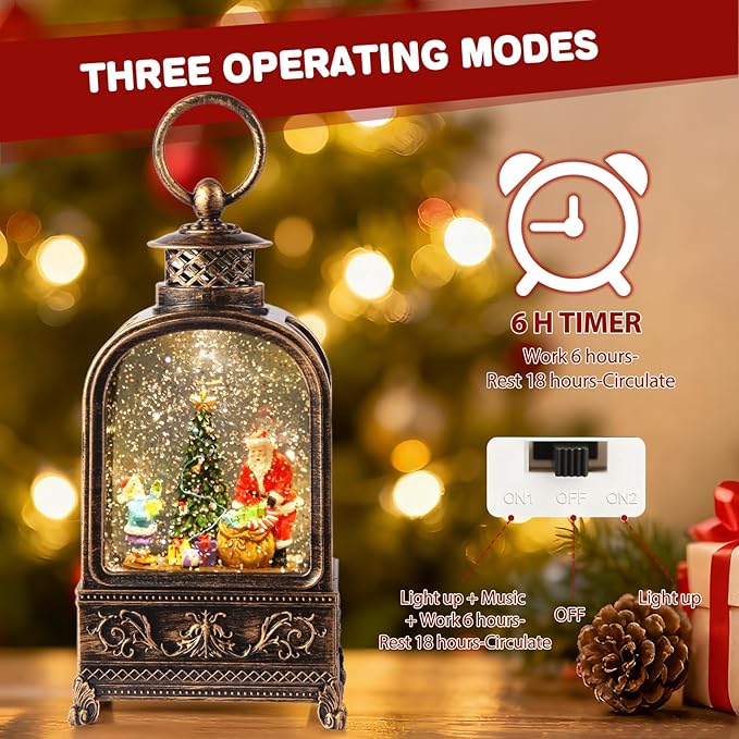 Santa Claus Snow Globe Christmas, Musical Snow Globe Lantern Lights with 6H Timer Battery & USB Powered, Retro Style Holiday Glitter Snow Globes for Xmas Home Decoration Indoor Holiday Party Gifts