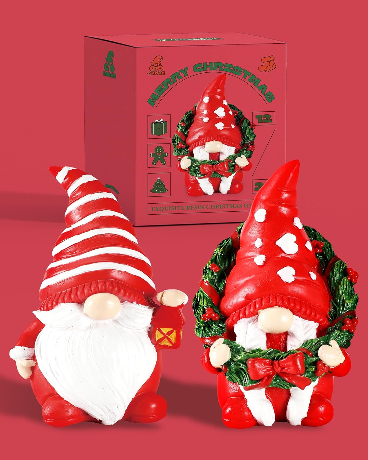 Set of 2 Resin Gnome Christmas Decorations - Christmas Table Decor 4.3'' Christmas Ornaments 2024 Gnome Figurines Festive Holiday Decor (Xmas Gnomes)
