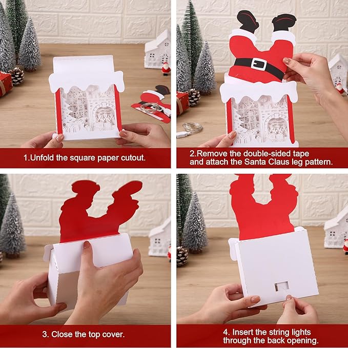 Light up Christmas Fireplace Scene Lantern Paper Decoration with LED Light DIY Fire Santa Box Table Centerpiece Christmas Mantel Indoor Home Decor Xmas Gifts for Women Family Friends