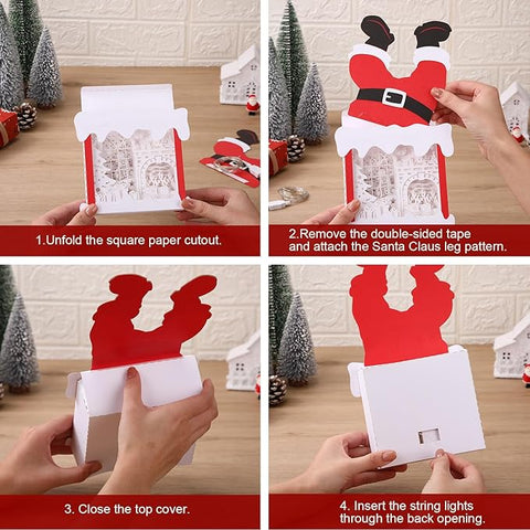 Light up Christmas Fireplace Scene Lantern Paper Decoration with LED Light DIY Fire Santa Box Table Centerpiece Christmas Mantel Indoor Home Decor Xmas Gifts for Women Family Friends