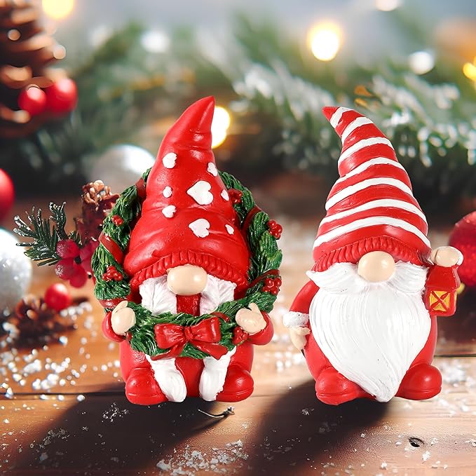 Set of 2 Resin Gnome Christmas Decorations - Christmas Table Decor 4.3'' Christmas Ornaments 2024 Gnome Figurines Festive Holiday Decor (Xmas Gnomes)