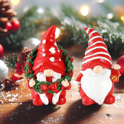 Set of 2 Resin Gnome Christmas Decorations - Christmas Table Decor 4.3'' Christmas Ornaments 2024 Gnome Figurines Festive Holiday Decor (Xmas Gnomes)