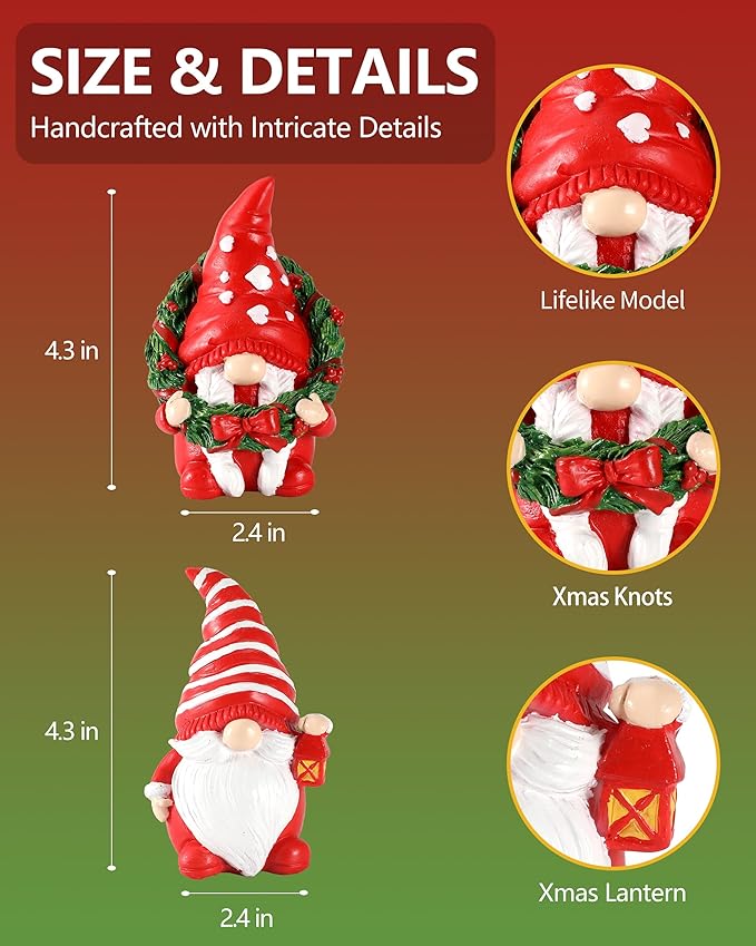 Set of 2 Resin Gnome Christmas Decorations - Christmas Table Decor 4.3'' Christmas Ornaments 2024 Gnome Figurines Festive Holiday Decor (Xmas Gnomes)