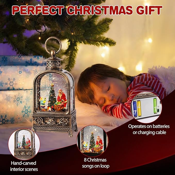 Santa Claus Snow Globe Christmas, Musical Snow Globe Lantern Lights with 6H Timer Battery & USB Powered, Retro Style Holiday Glitter Snow Globes for Xmas Home Decoration Indoor Holiday Party Gifts