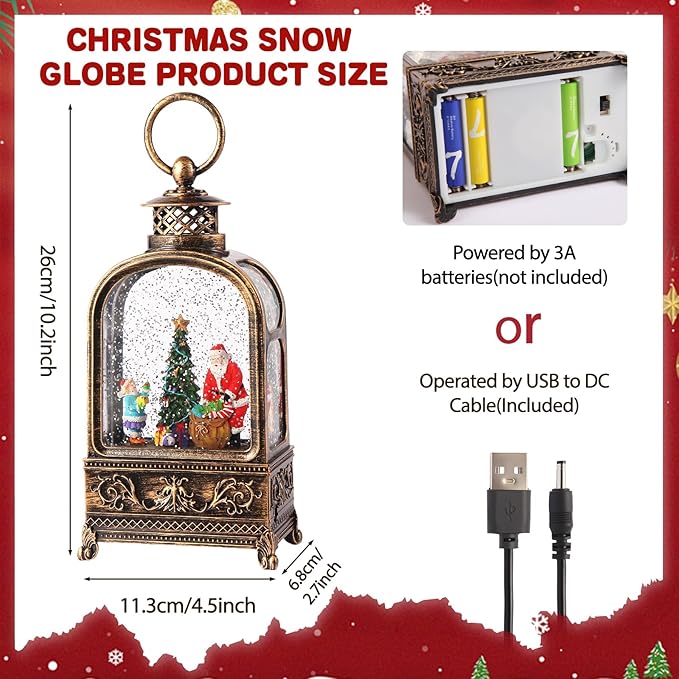 Santa Claus Snow Globe Christmas, Musical Snow Globe Lantern Lights with 6H Timer Battery & USB Powered, Retro Style Holiday Glitter Snow Globes for Xmas Home Decoration Indoor Holiday Party Gifts