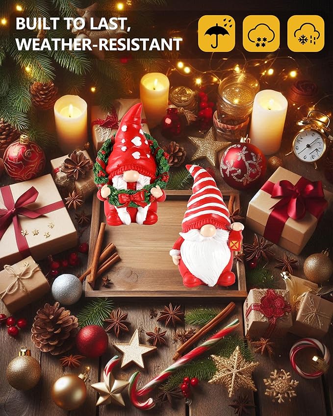 Set of 2 Resin Gnome Christmas Decorations - Christmas Table Decor 4.3'' Christmas Ornaments 2024 Gnome Figurines Festive Holiday Decor (Xmas Gnomes)