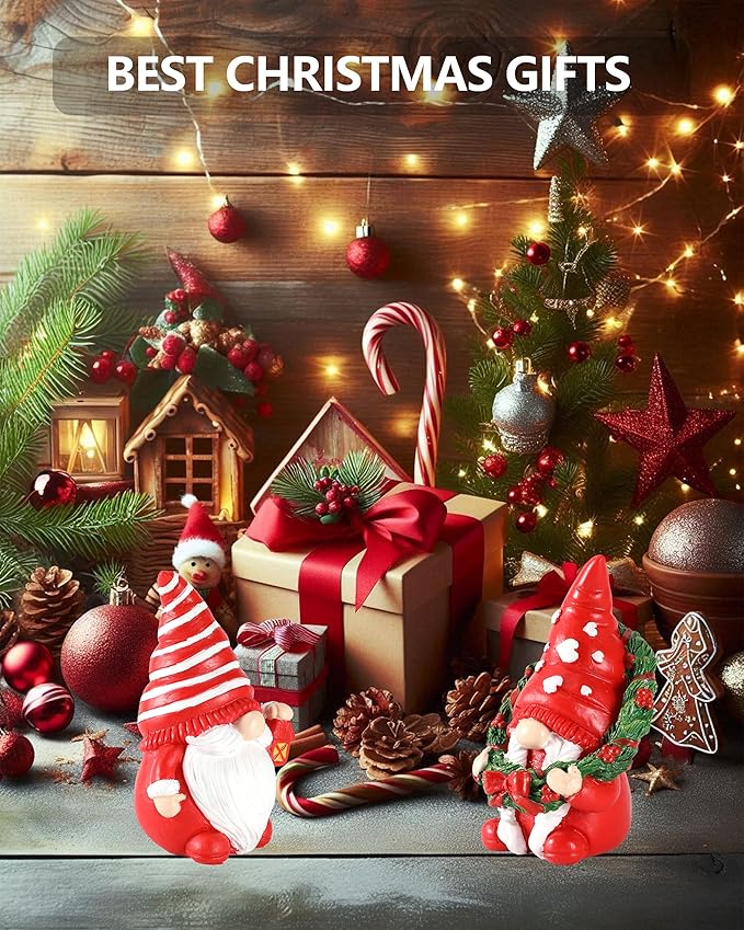 Set of 2 Resin Gnome Christmas Decorations - Christmas Table Decor 4.3'' Christmas Ornaments 2024 Gnome Figurines Festive Holiday Decor (Xmas Gnomes)