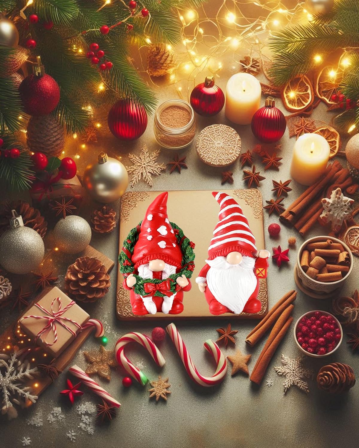 Set of 2 Resin Gnome Christmas Decorations - Christmas Table Decor 4.3'' Christmas Ornaments 2024 Gnome Figurines Festive Holiday Decor (Xmas Gnomes)