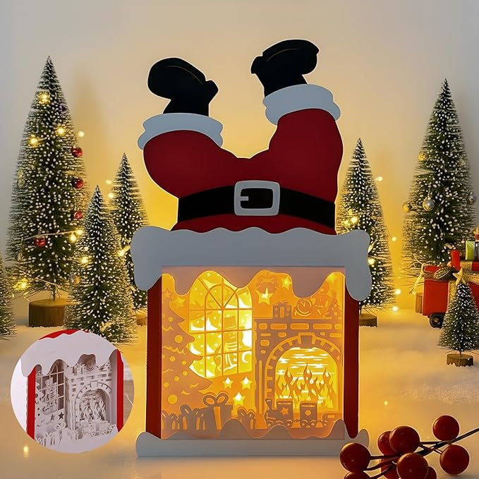 Light up Christmas Fireplace Scene Lantern Paper Decoration with LED Light DIY Fire Santa Box Table Centerpiece Christmas Mantel Indoor Home Decor Xmas Gifts for Women Family Friends